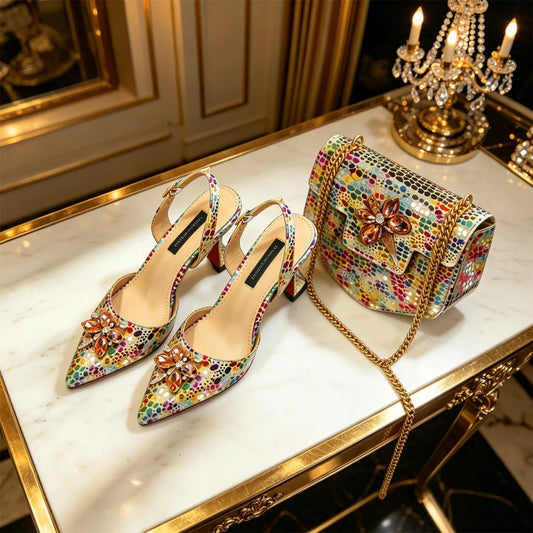 Elegant Rhinestone Heels & Matching Bag Set, Colorful Print