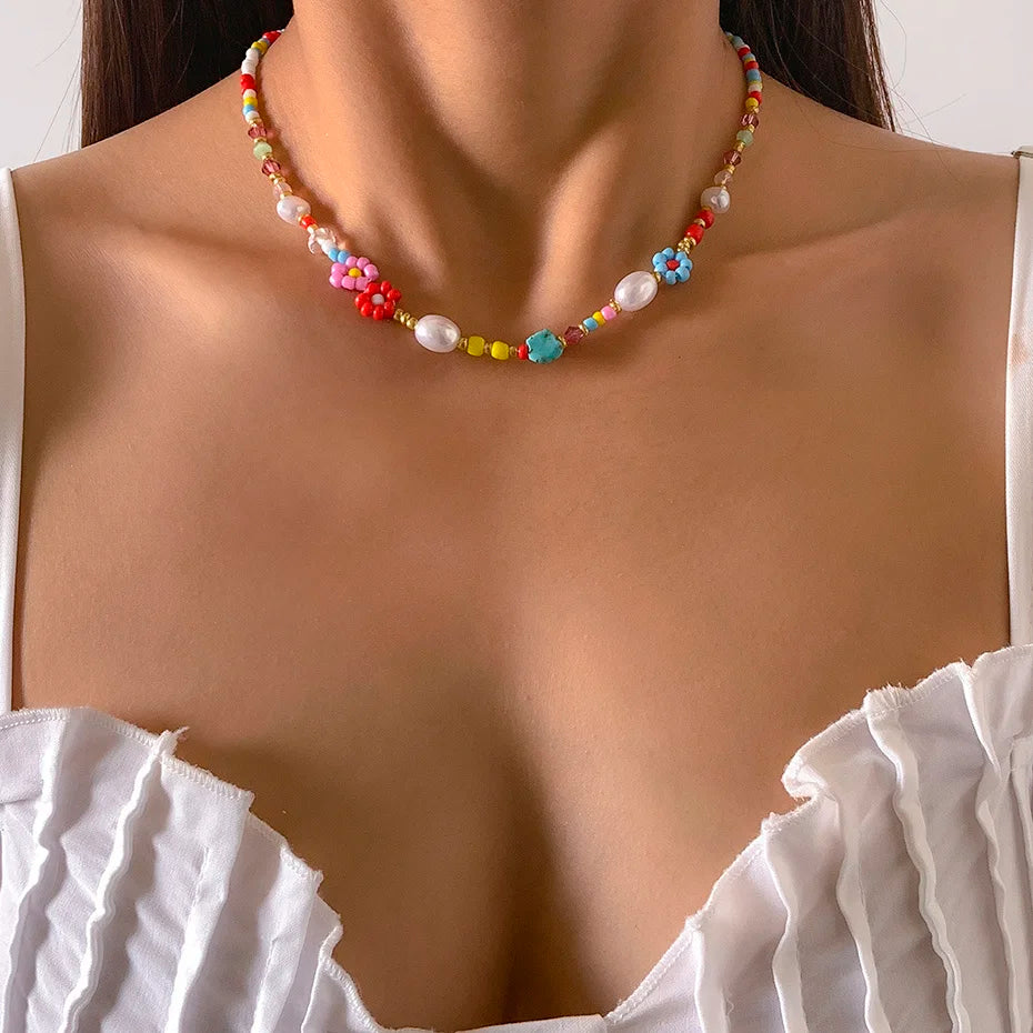 Colorful Flower Pearl Choker
