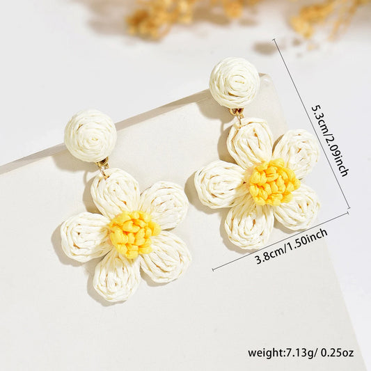Multicolor Woven Straw Daisy Earrings Handmade Raffia Ball Floral