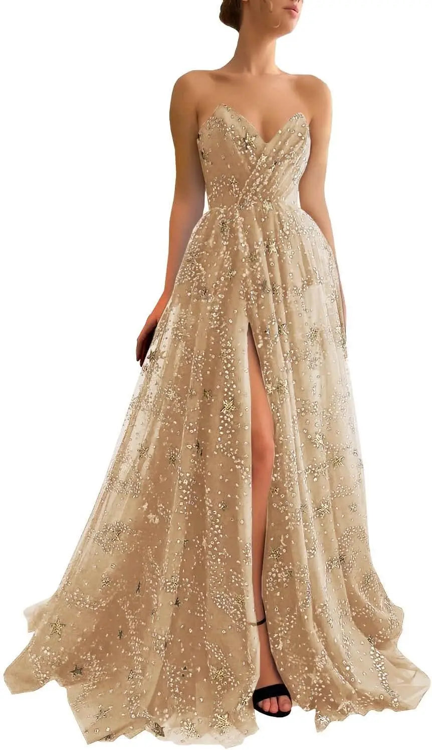 V Neck Women's Sparkle Starry Tulle Prom Dresses Strapless Slit Formal Evening Party Gowns Formal Dress Women Elegant