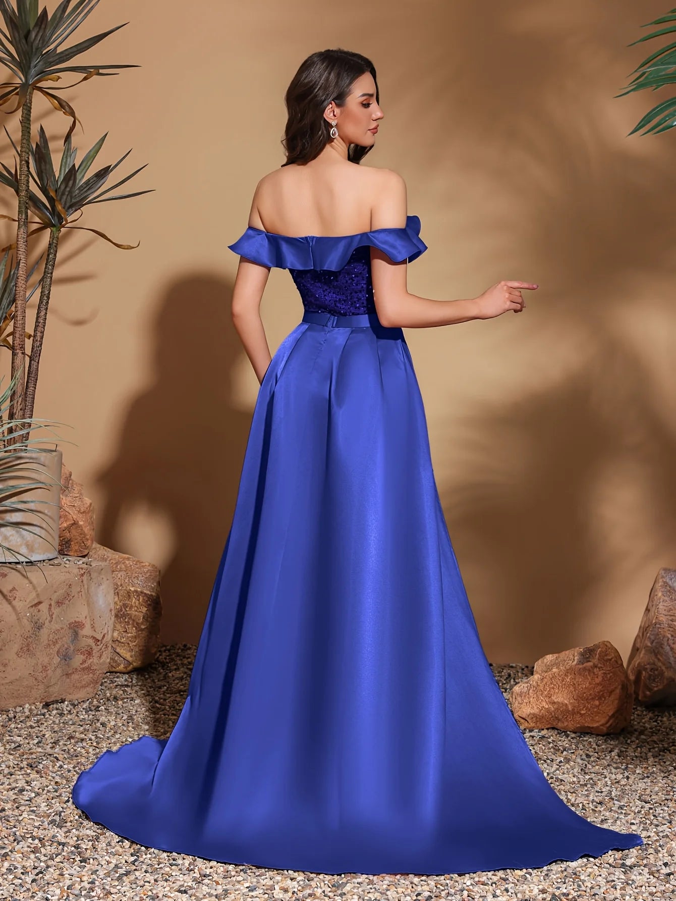 Sequined off-the-shoulder pleated collar satin floor-length dress