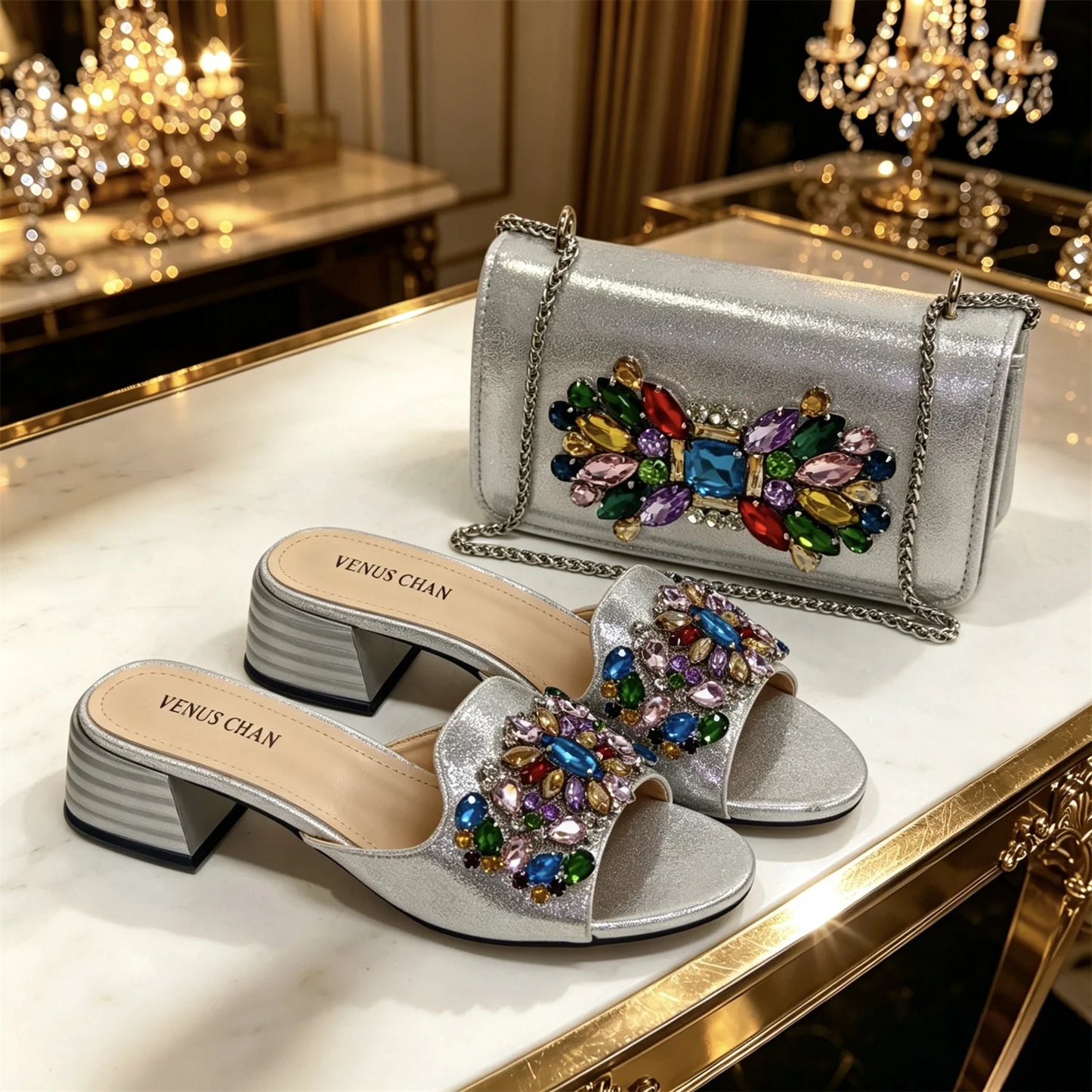 2026 Sky Blue Metallic Rhinestone Mules with Matching Crossbody Bag - Women's Block Heel Sandals for Wedding and Evening Parties