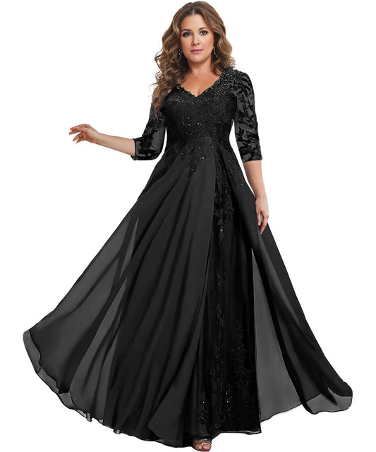 HANVAIOS 3/4 Sleeve Plus Size Wedding Guest Dress Black Lace Chiffon V Neck Mother of The Bride Dresses for Wedding Size 16W