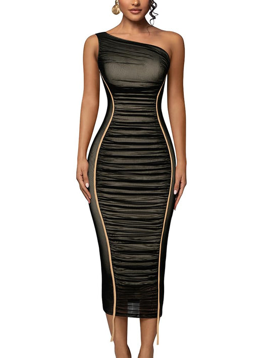 LAGSHIAN Womens Sexy Bodycon Cocktail One Shoulder Sleeveless Mesh Ruched Midi Party Dress Black