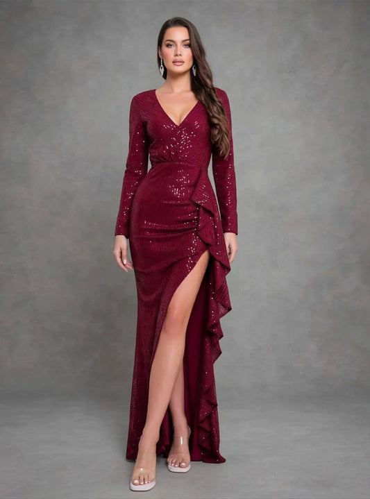 Sequin Ruffle Slit Evening Dress