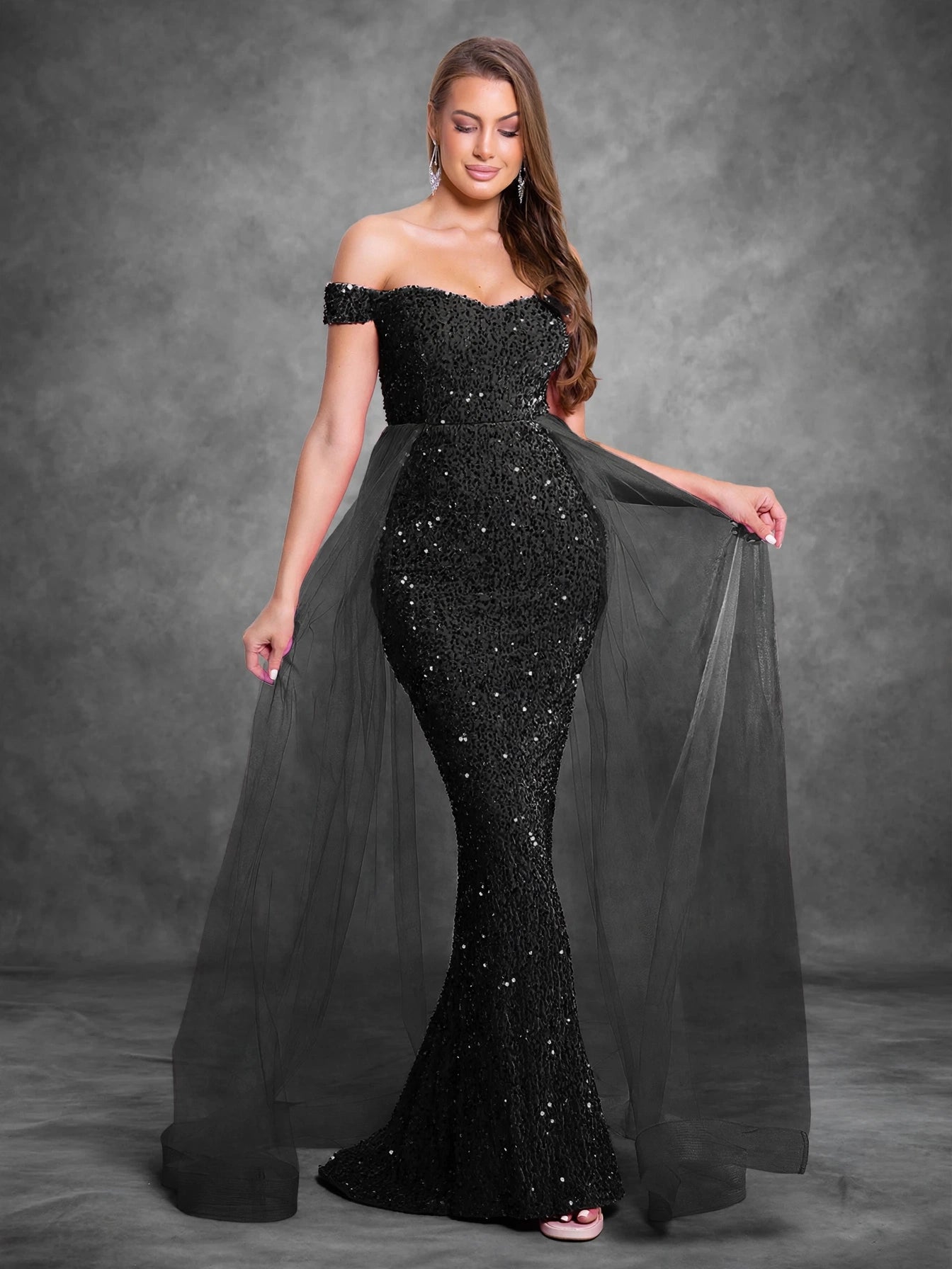 Pink Off-Shoulder Evening Dress with Train