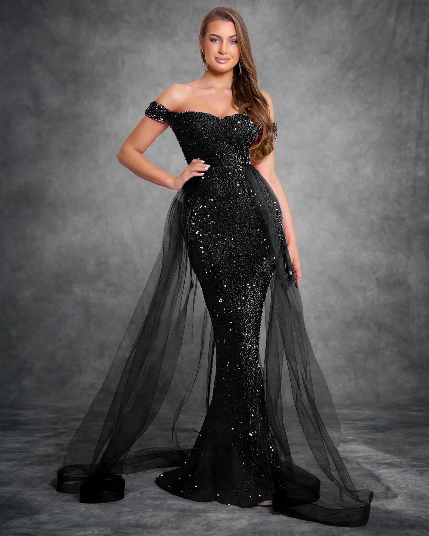 Pink Off-Shoulder Evening Dress with Train