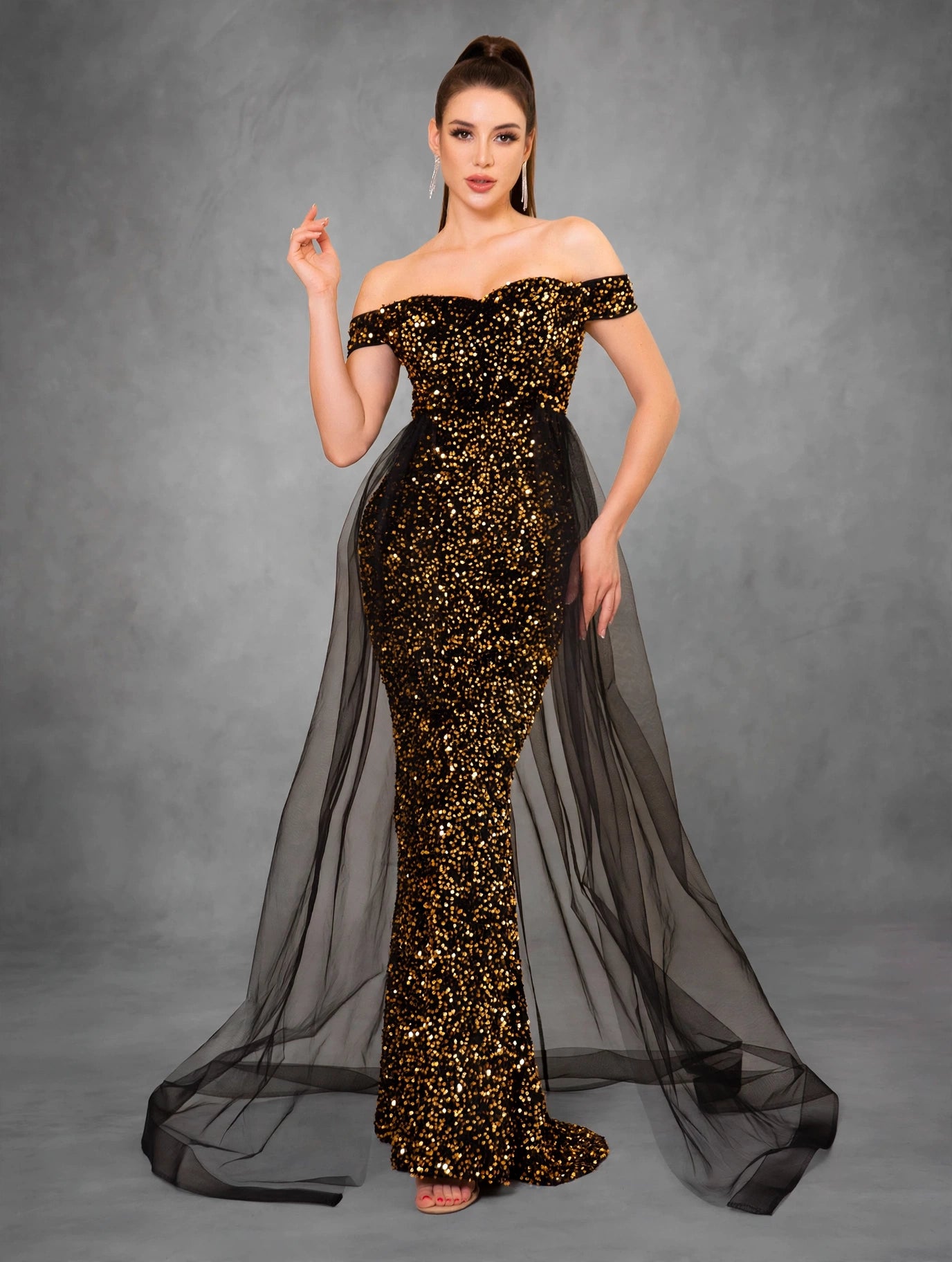 Pink Off-Shoulder Evening Dress with Train