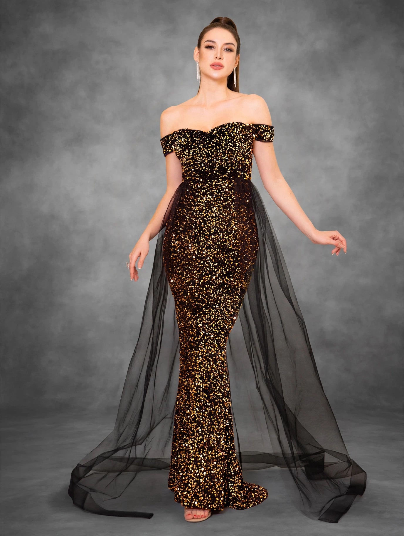 Pink Off-Shoulder Evening Dress with Train