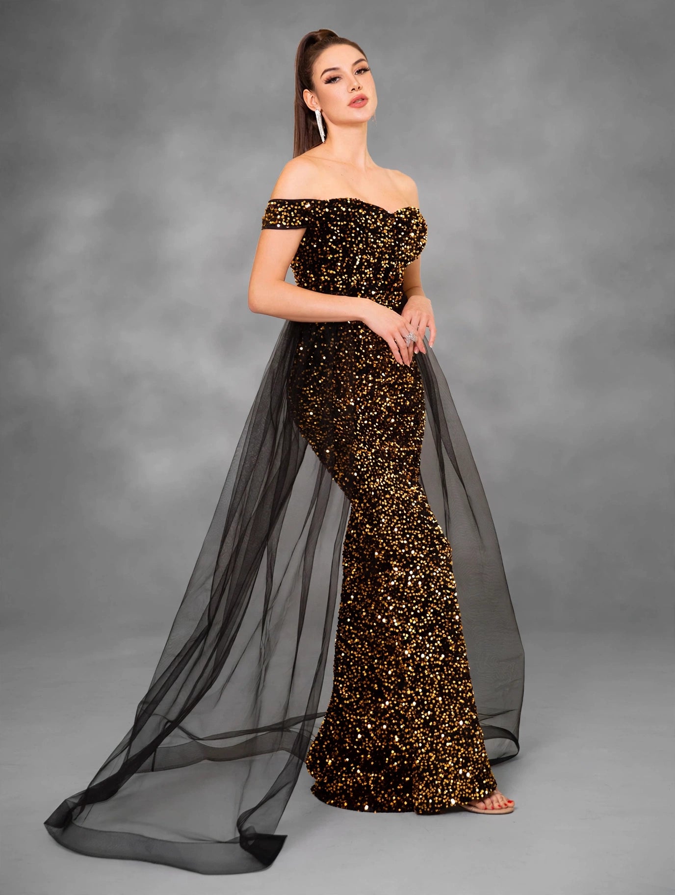 Pink Off-Shoulder Evening Dress with Train
