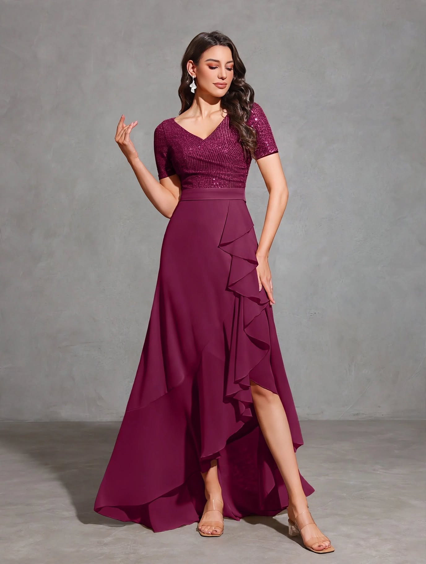 V-neck Short-sleeved Sequined Chiffon Pleated Asymmetrical Hem Dress