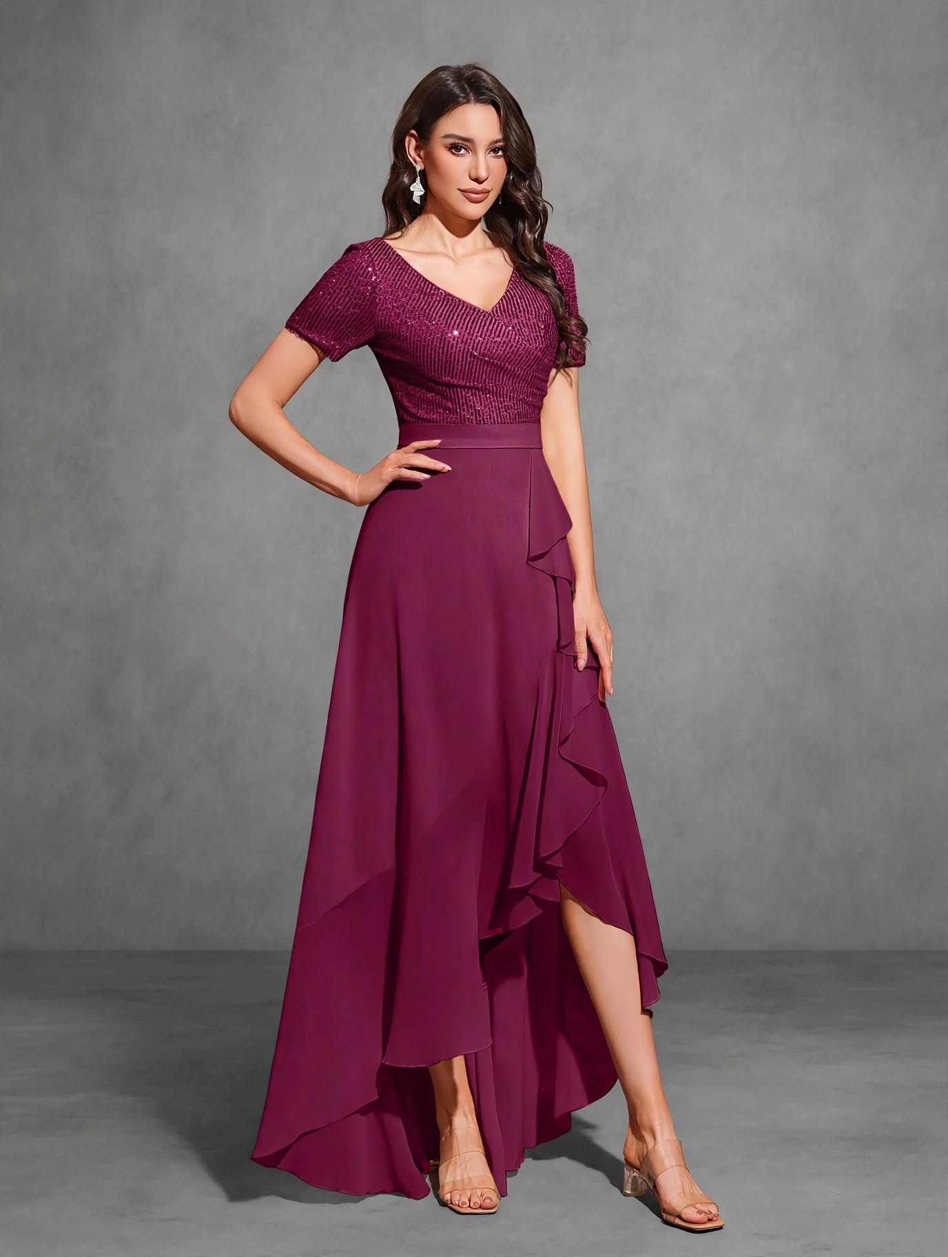 V-neck Short-sleeved Sequined Chiffon Pleated Asymmetrical Hem Dress