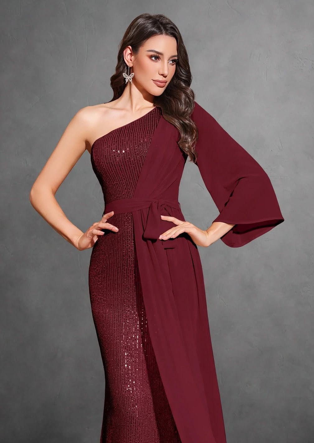 Sequined One-shoulder Chiffon Patchwork Belt-decorated Hip Dress
