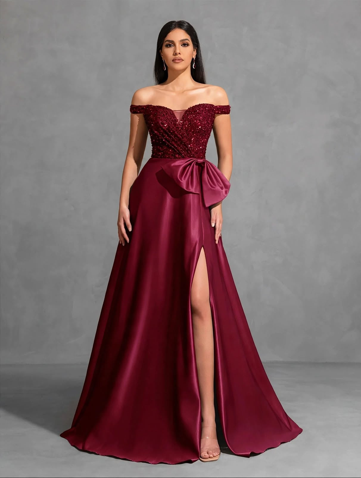 Off-the-shoulder Sequined Satin Elegant Dress with Bow at Waist