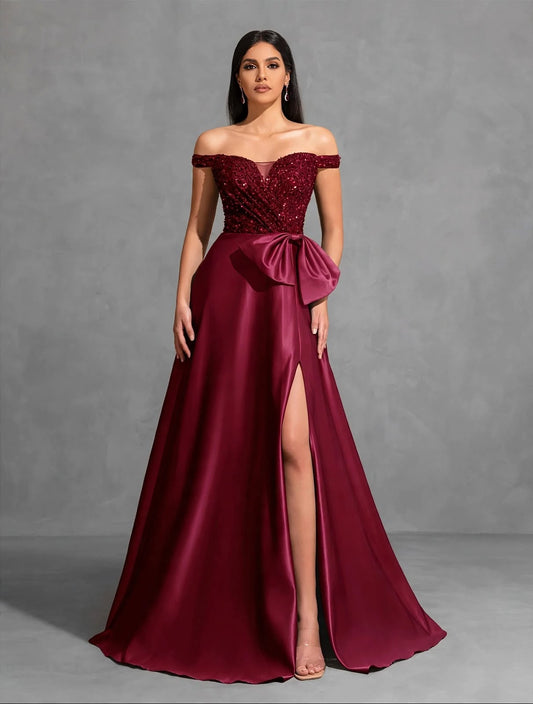 Off-the-shoulder Sequined Satin Elegant Dress with Bow at Waist