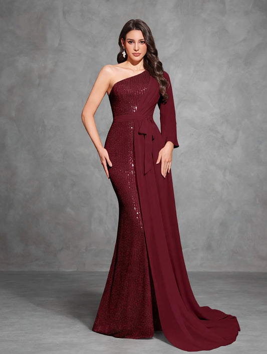 Sequined One-shoulder Chiffon Patchwork Belt-decorated Hip Dress