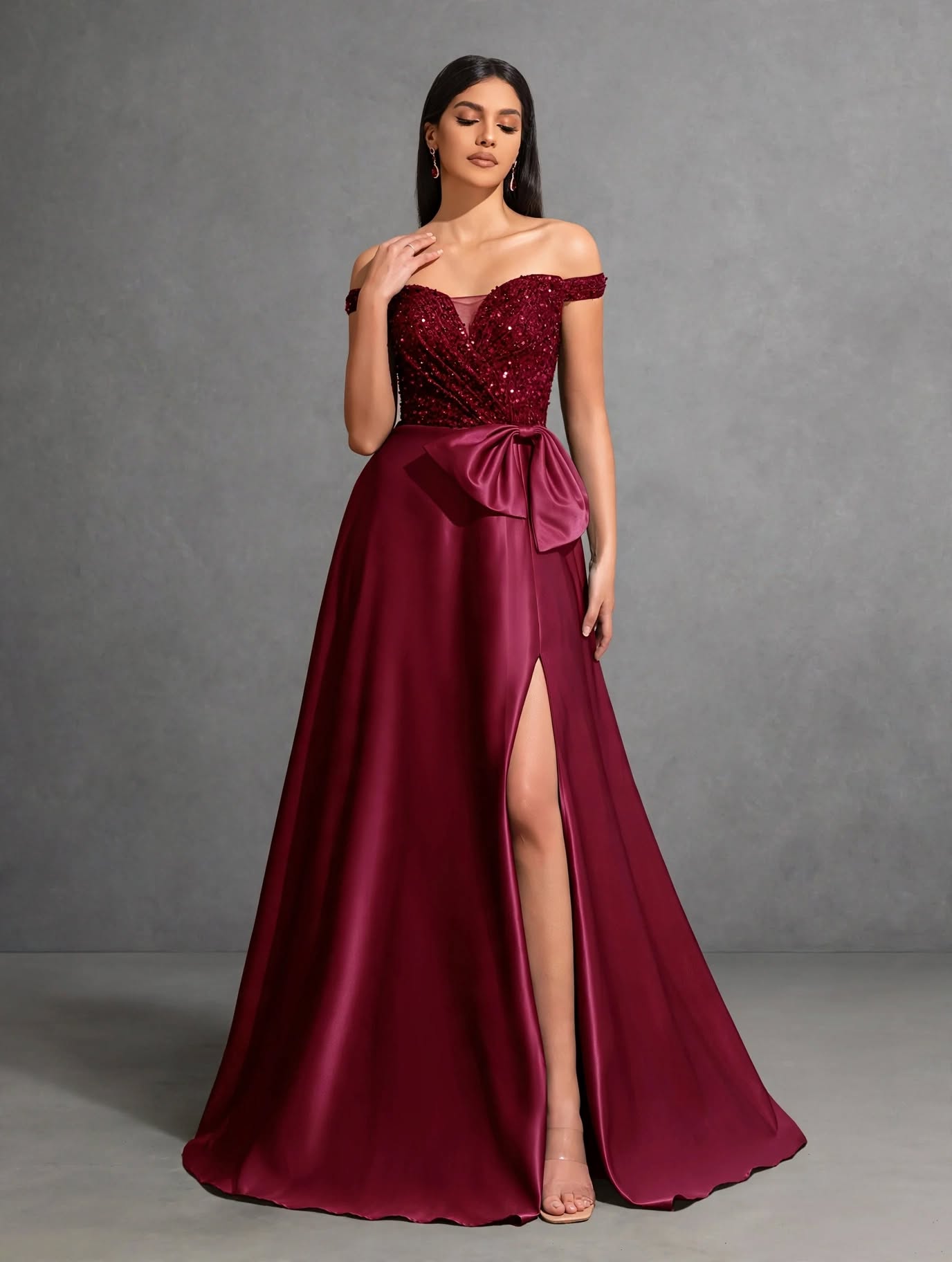 Off-the-shoulder Sequined Satin Elegant Dress with Bow at Waist