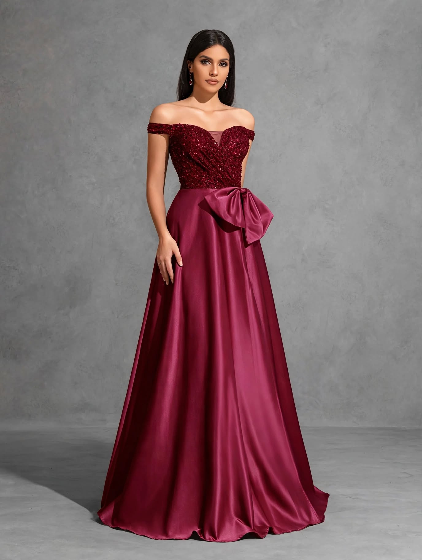Off-the-shoulder Sequined Satin Elegant Dress with Bow at Waist