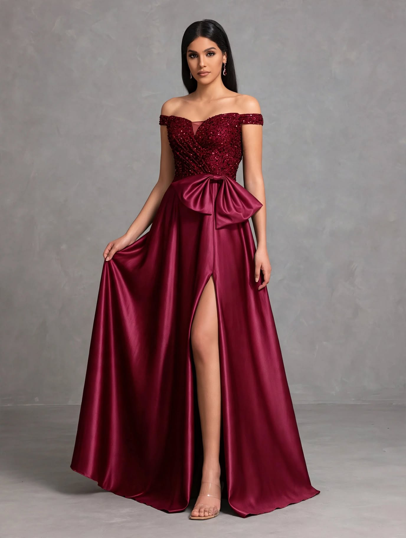 Off-the-shoulder Sequined Satin Elegant Dress with Bow at Waist