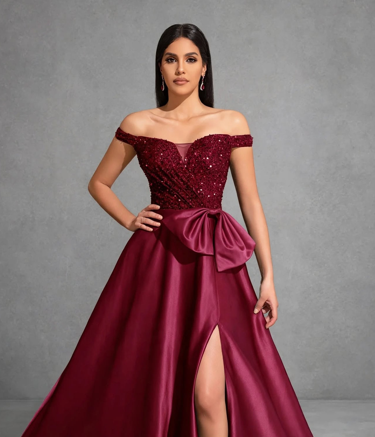 Off-the-shoulder Sequined Satin Elegant Dress with Bow at Waist