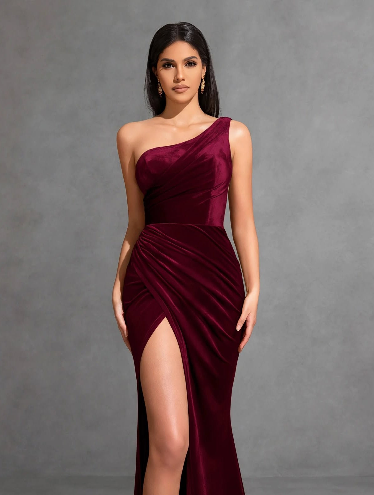 One-shoulder Pleated Slit Velvet Dress, Elegant and Chic Dress