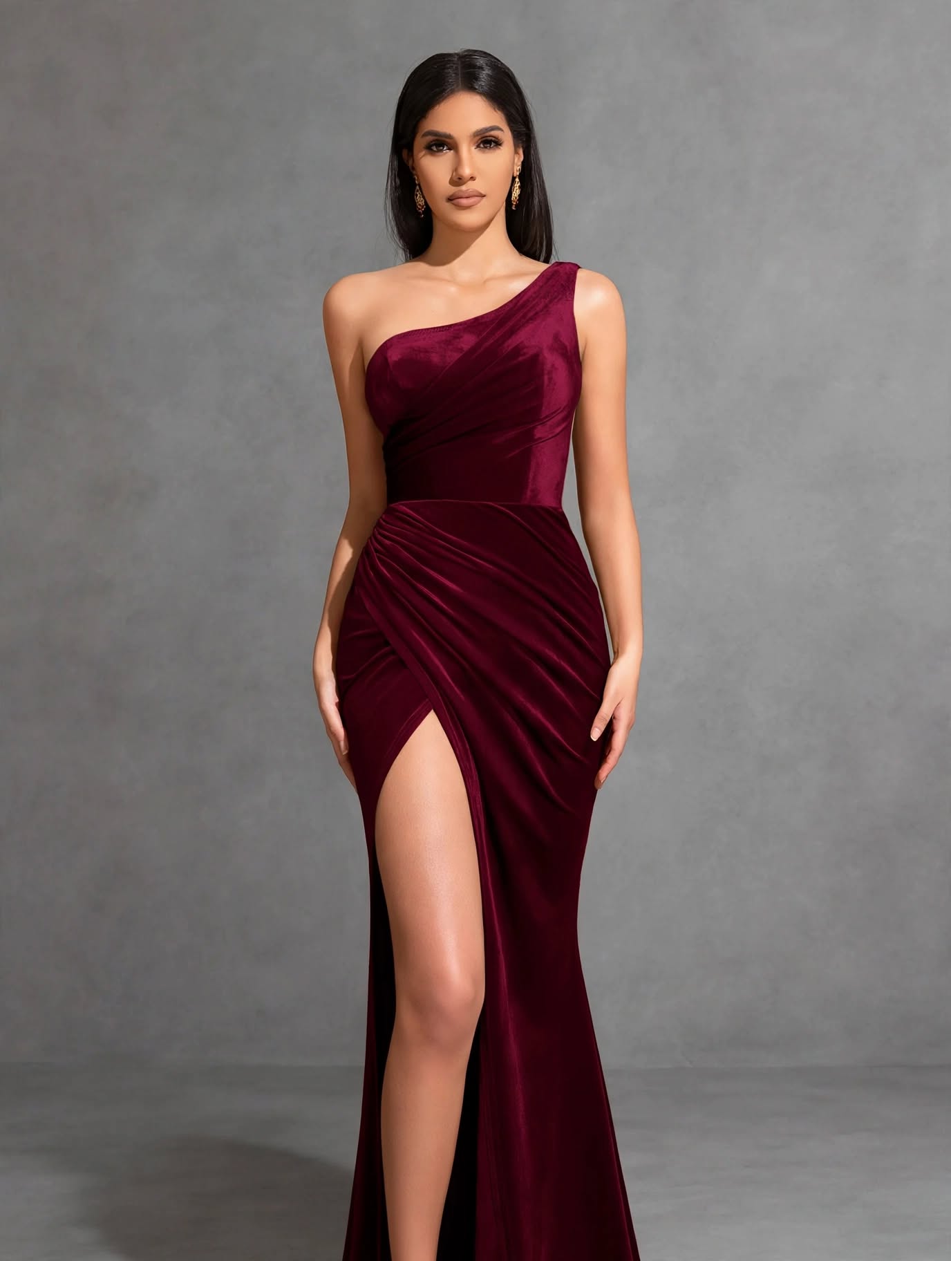One-shoulder Pleated Slit Velvet Dress, Elegant and Chic Dress