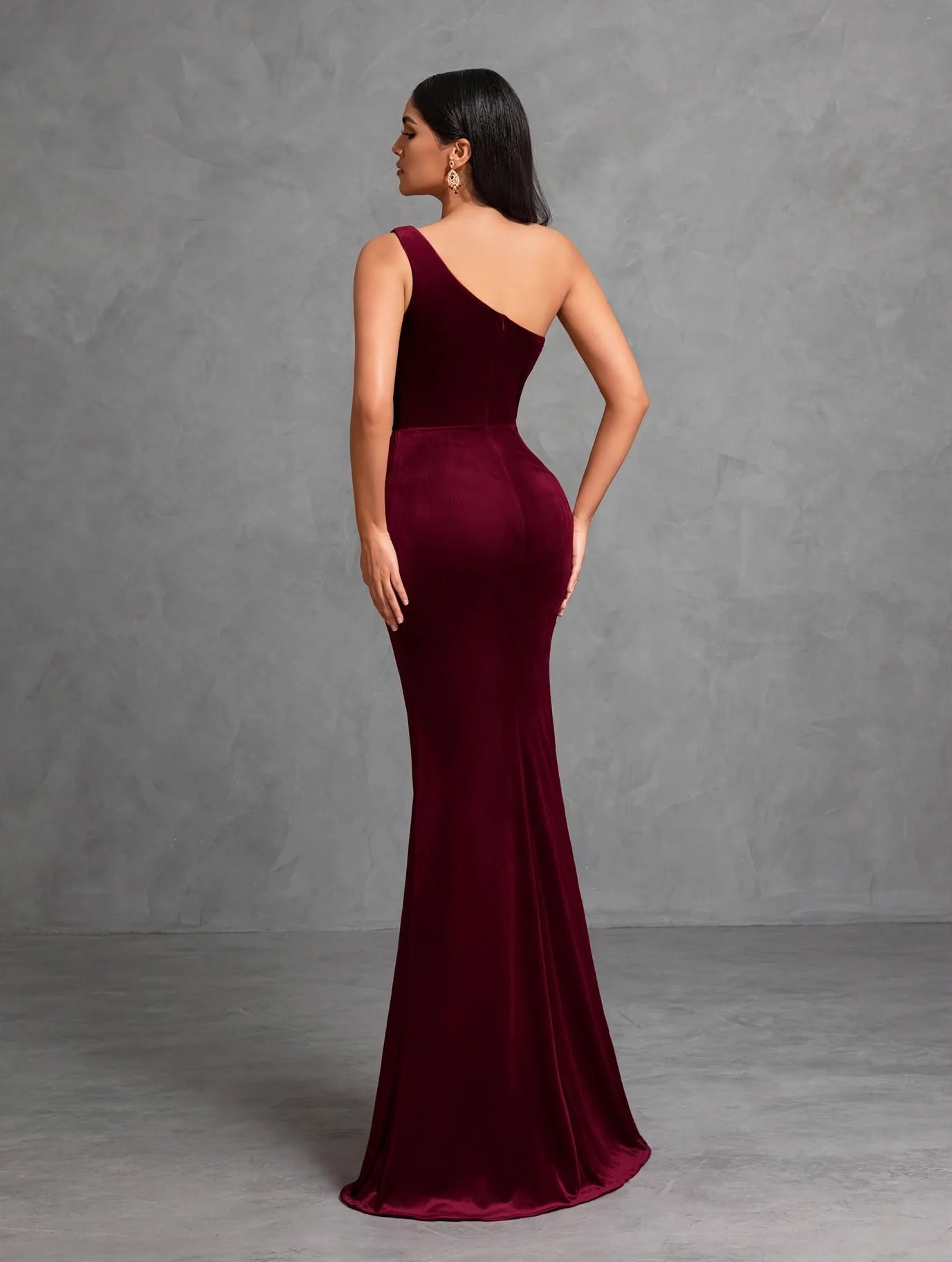 One-shoulder Pleated Slit Velvet Dress, Elegant and Chic Dress