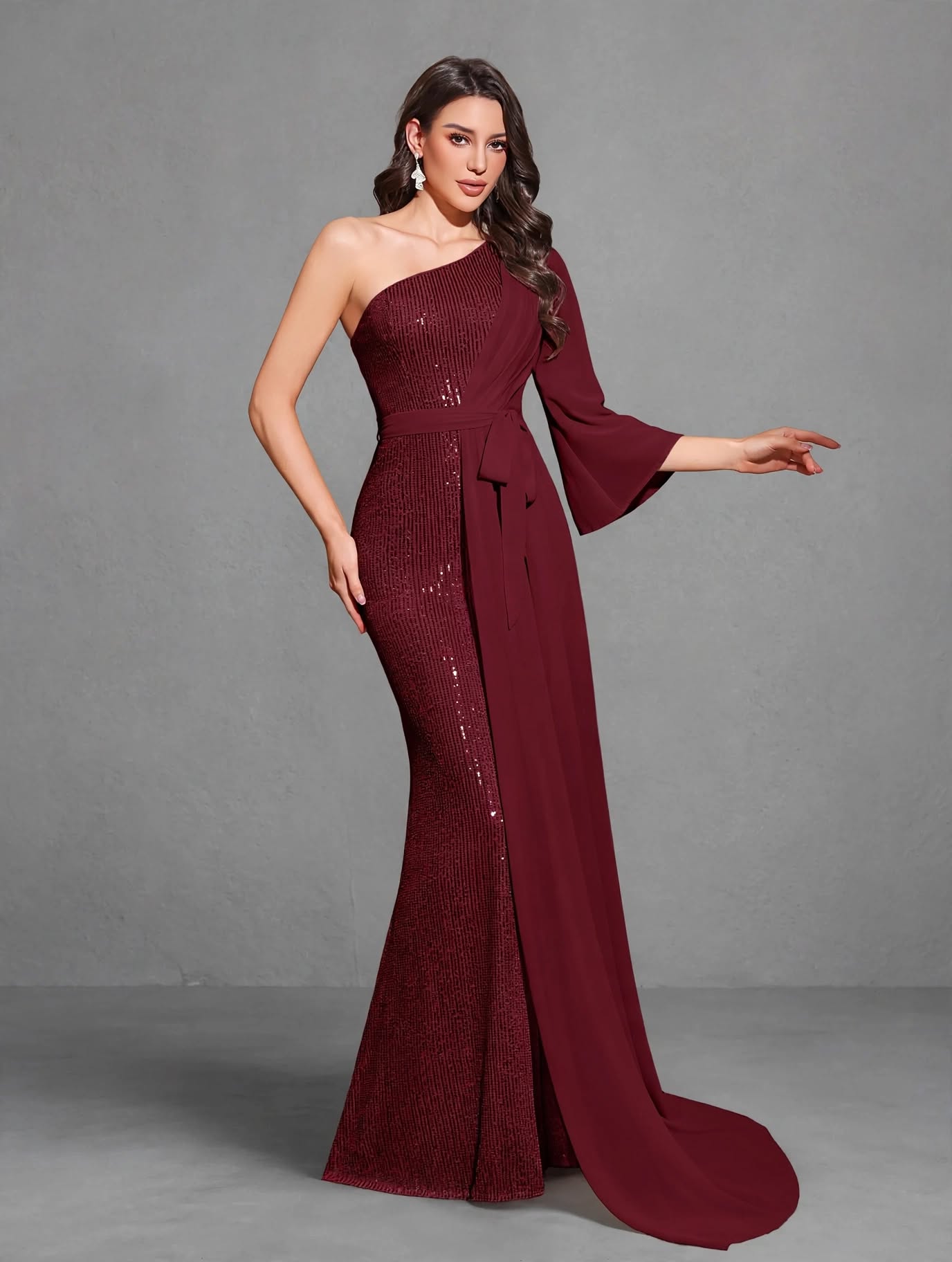 Sequined One-shoulder Chiffon Patchwork Belt-decorated Hip Dress