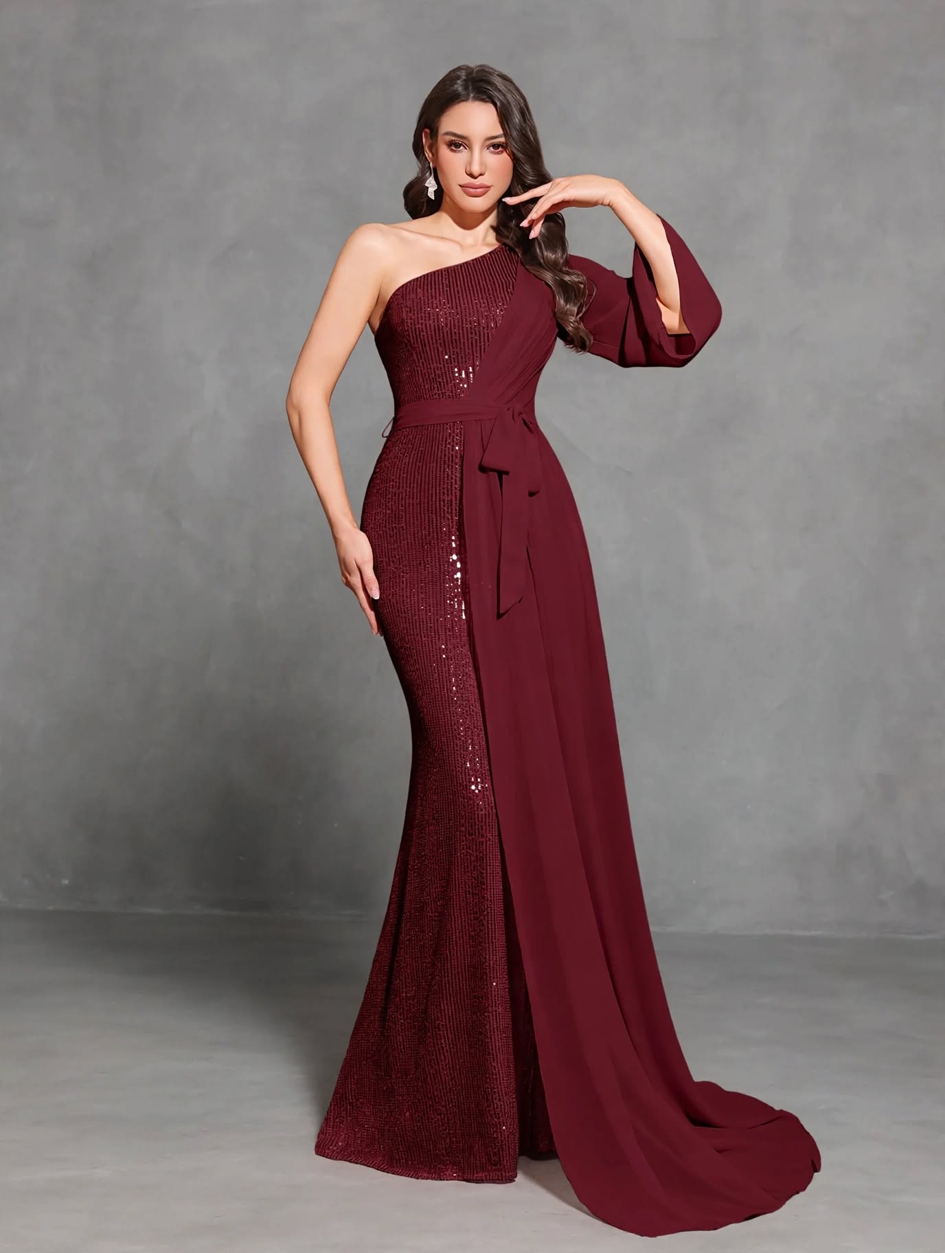Sequined One-shoulder Chiffon Patchwork Belt-decorated Hip Dress