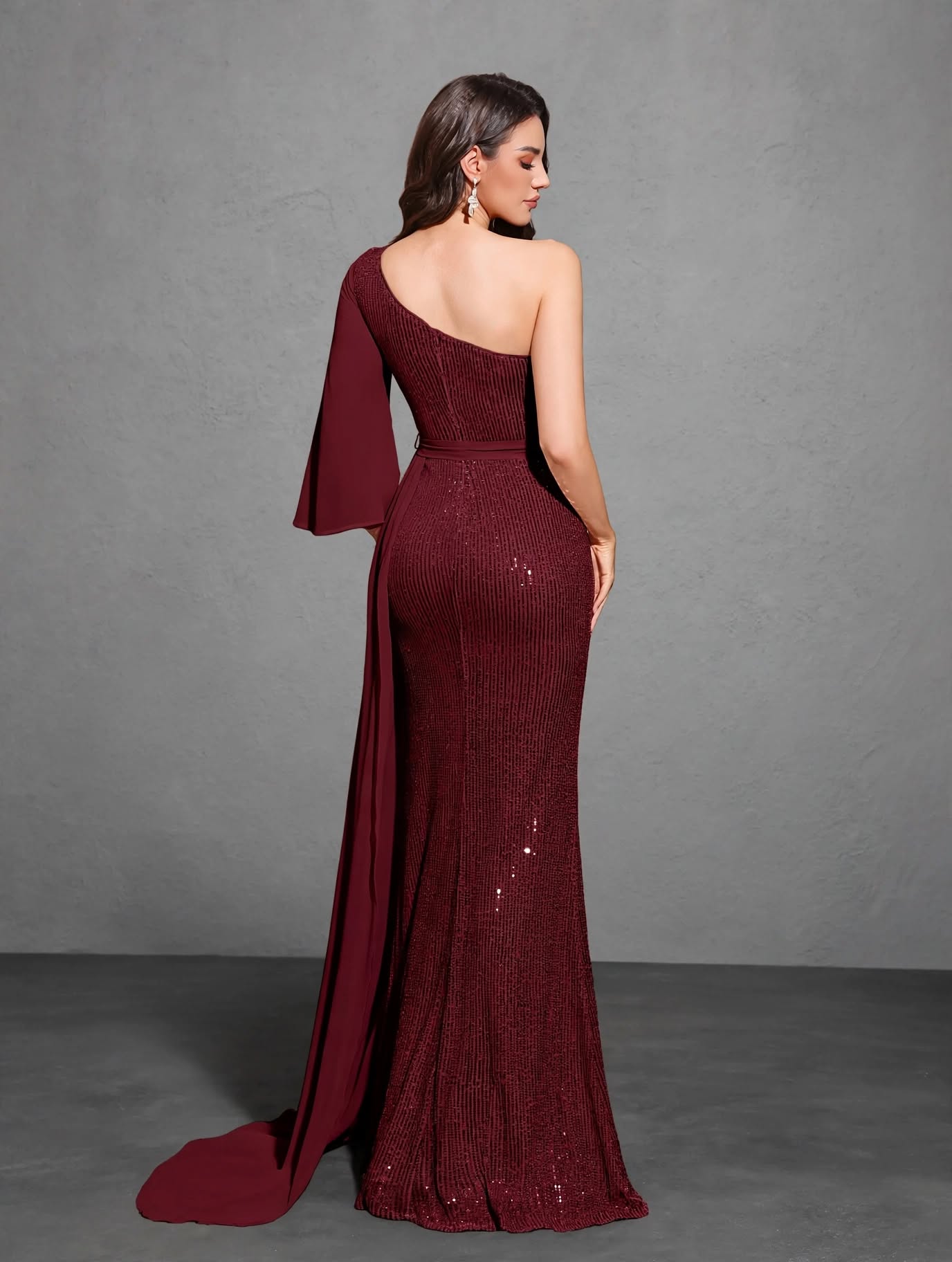 Sequined One-shoulder Chiffon Patchwork Belt-decorated Hip Dress