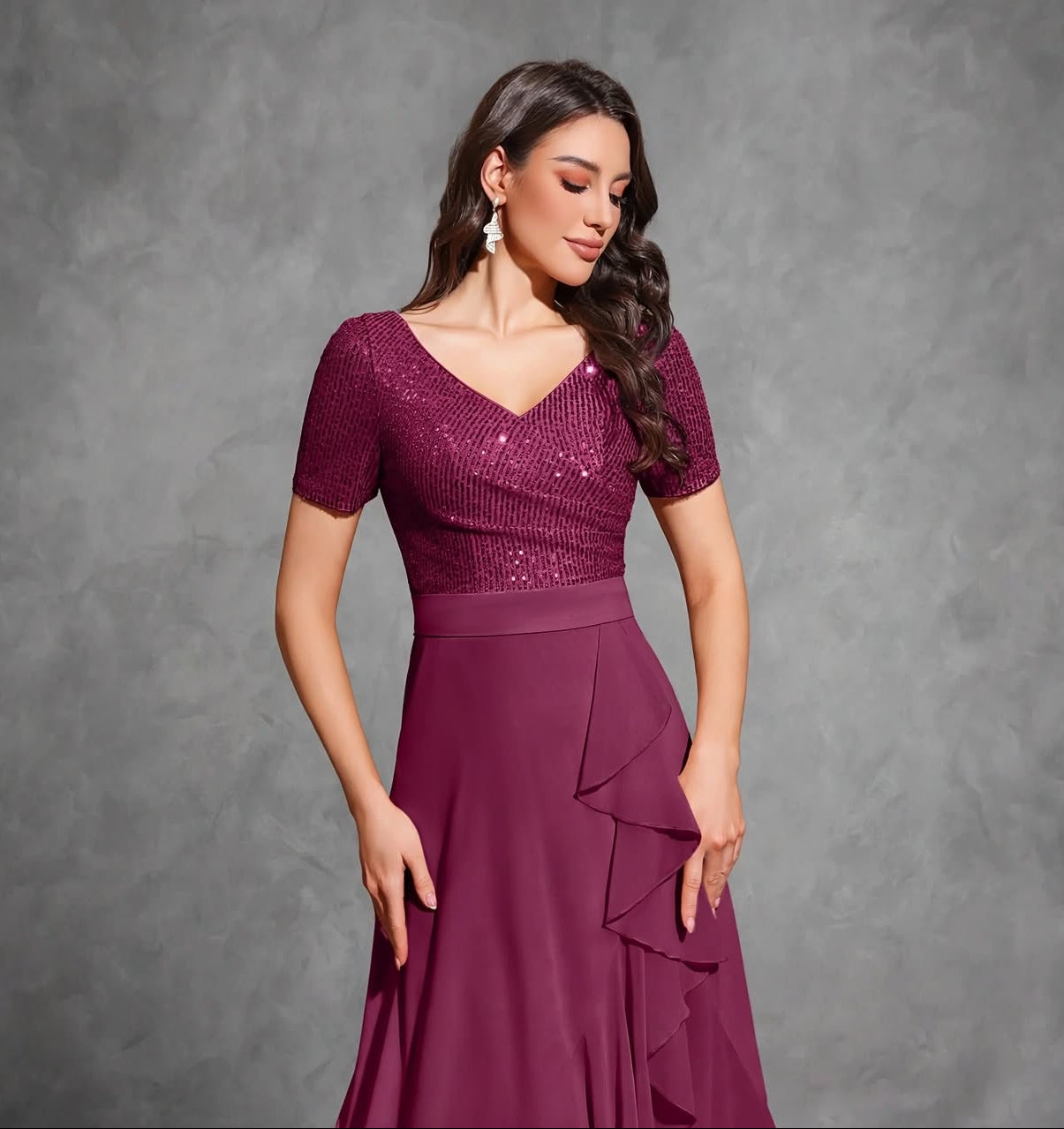 V-neck Short-sleeved Sequined Chiffon Pleated Asymmetrical Hem Dress