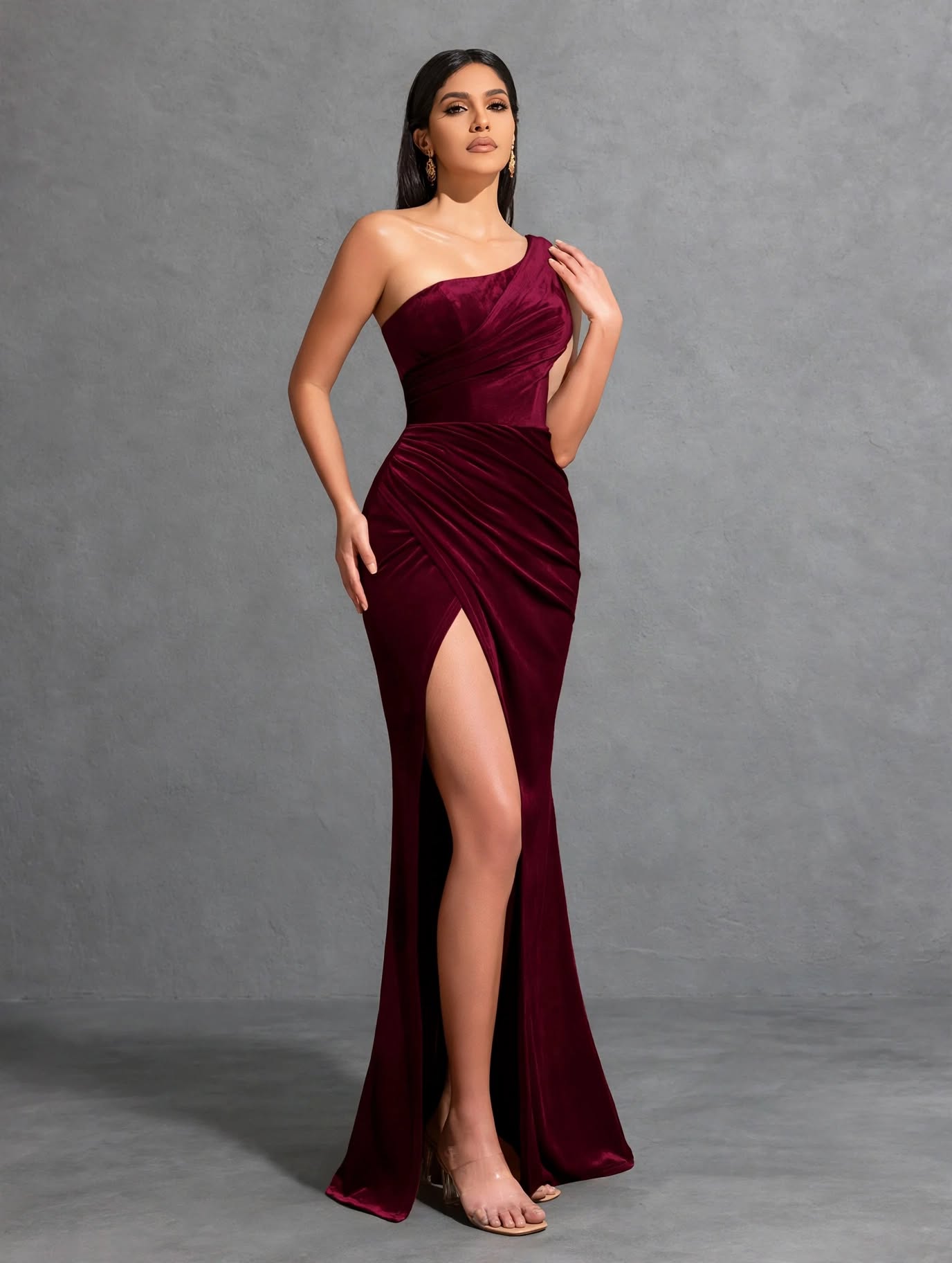 One-shoulder Pleated Slit Velvet Dress, Elegant and Chic Dress