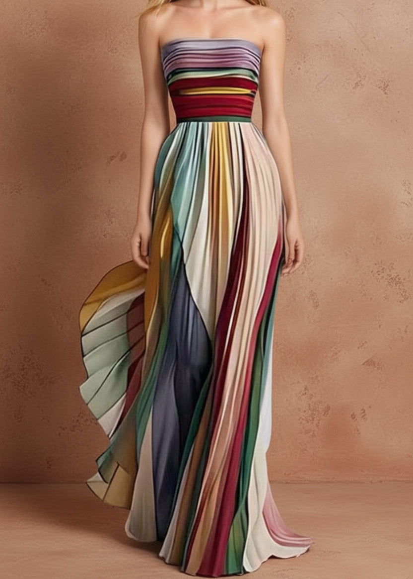 Striped Pleated Strapless Maxi Dress - TrendNest