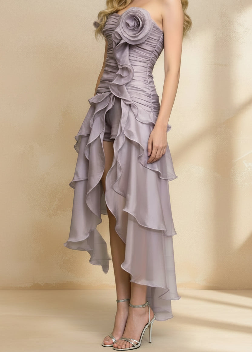 Ruffled High - Low Strapless Dress - TrendNest