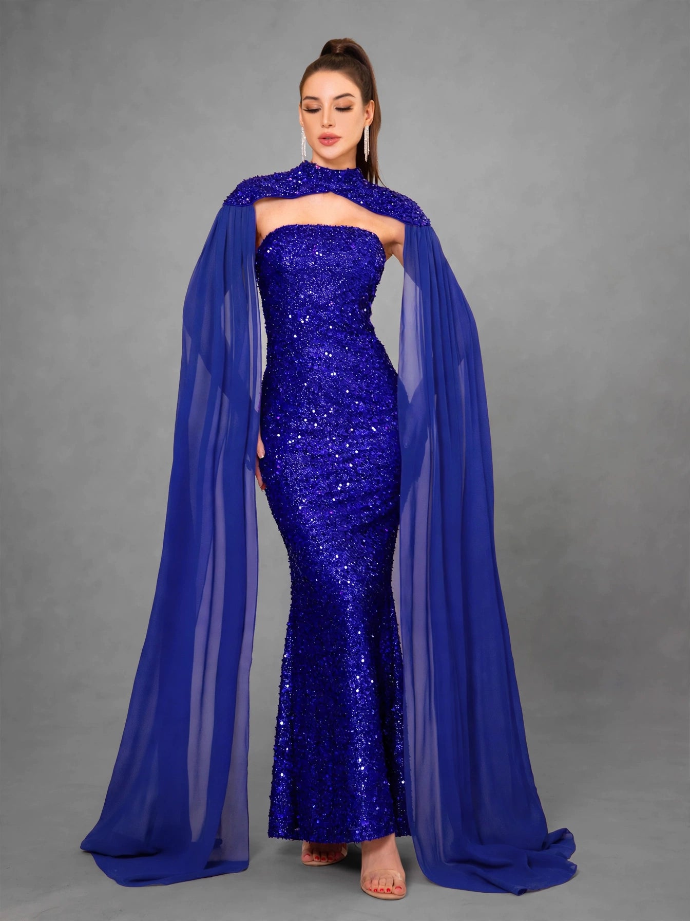 Detachable Shawl Sequin Evening Dress