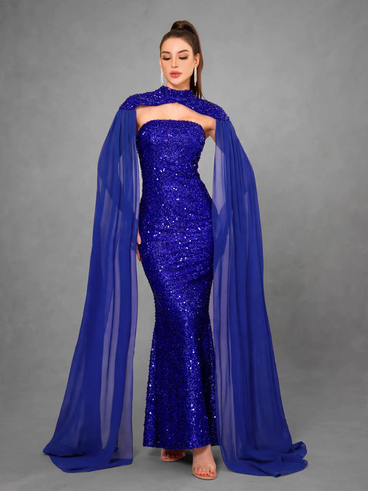 Detachable Shawl Sequin Evening Dress