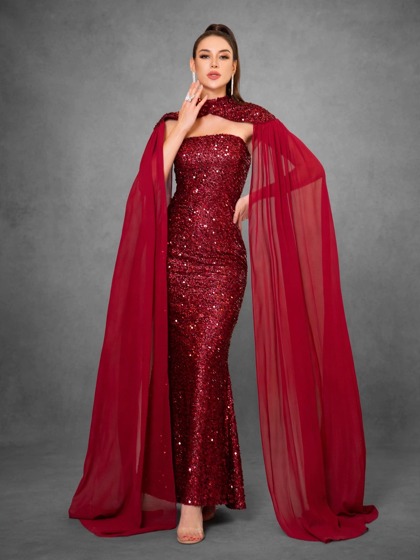 Detachable Shawl Sequin Evening Dress