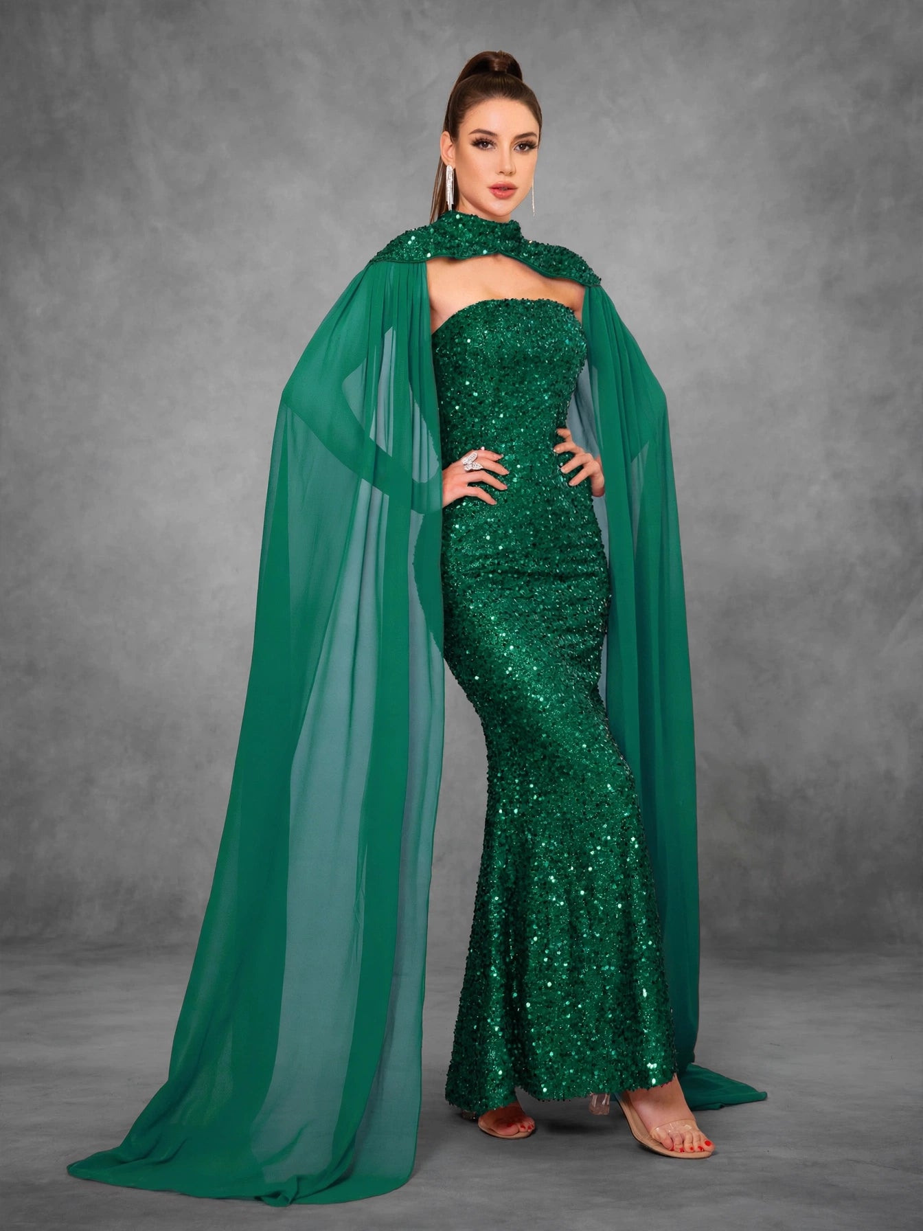 Detachable Shawl Sequin Evening Dress
