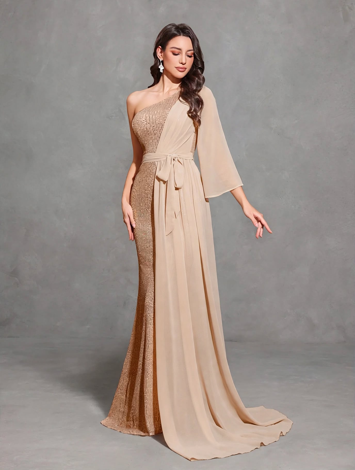 Sequined One-shoulder Chiffon Patchwork Belt-decorated Hip Dress