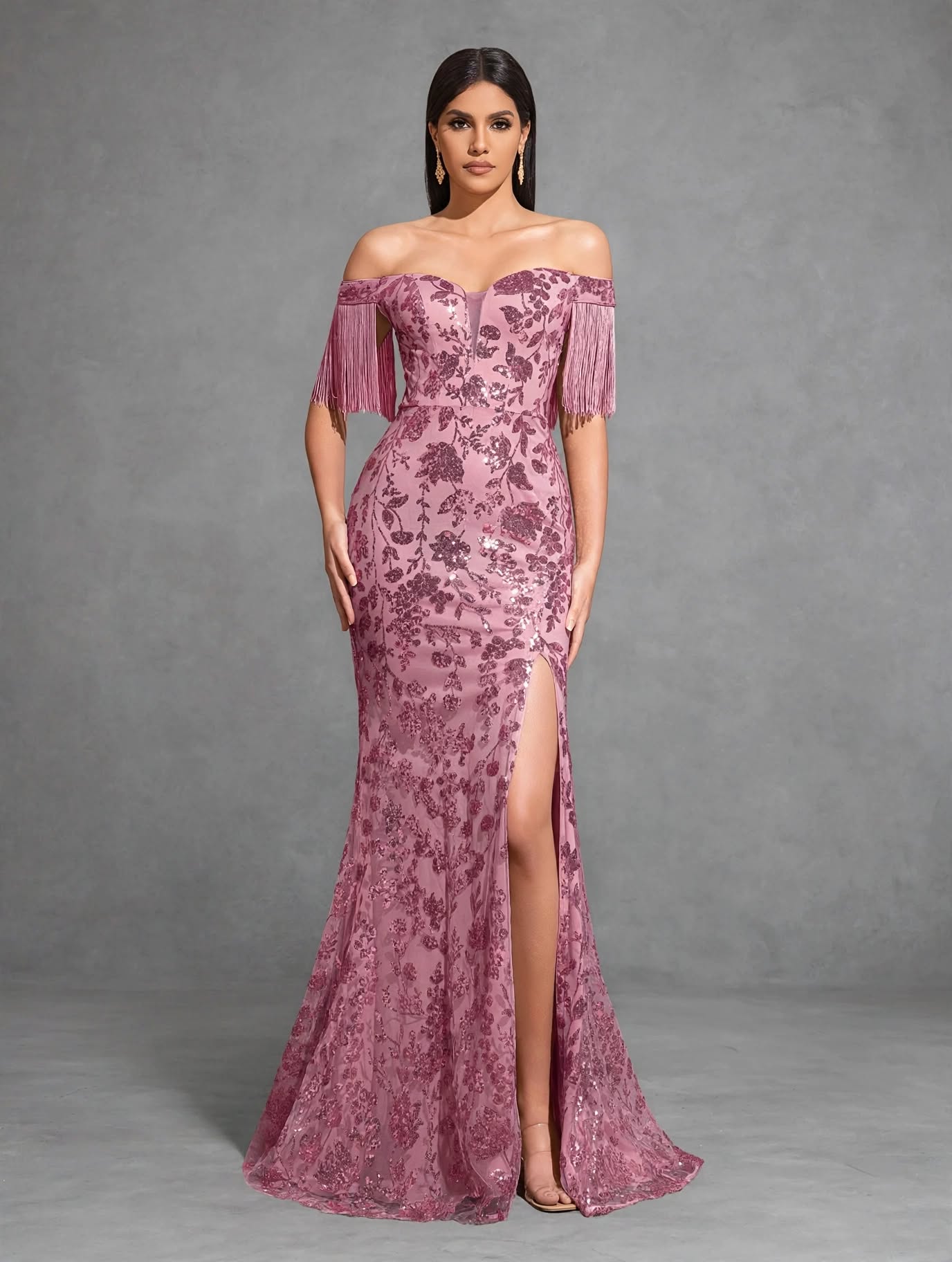 Off-the-shoulder Sequined Tassel Sleeve Slit Dress