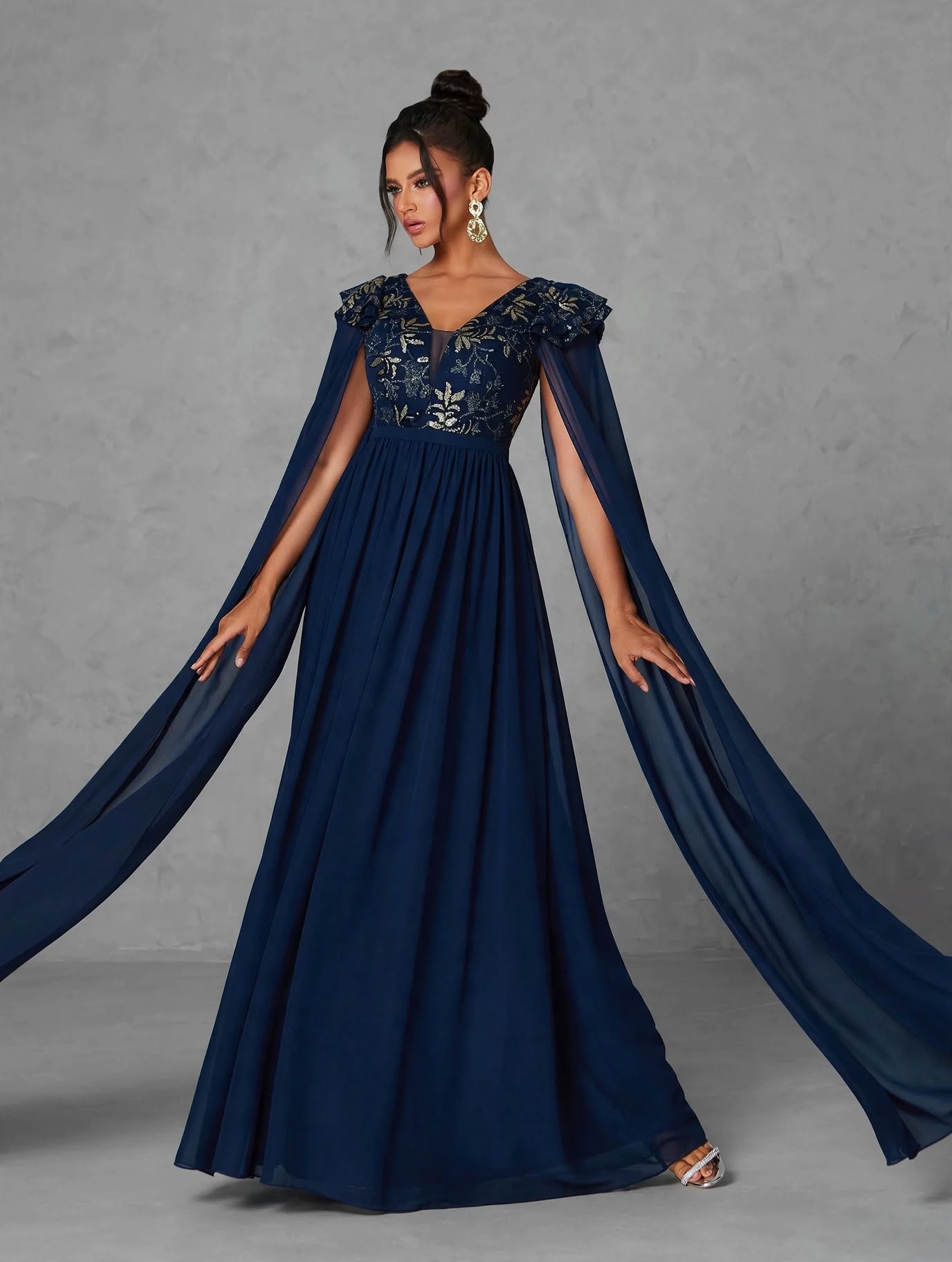 V-Neck Embroidered Sequin Ruffle Evening Dress