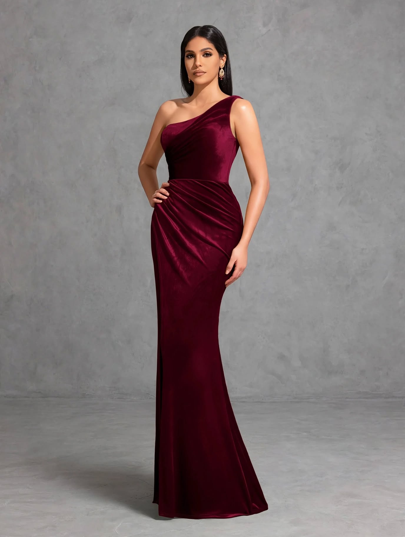 One-shoulder Pleated Slit Velvet Dress, Elegant and Chic Dress