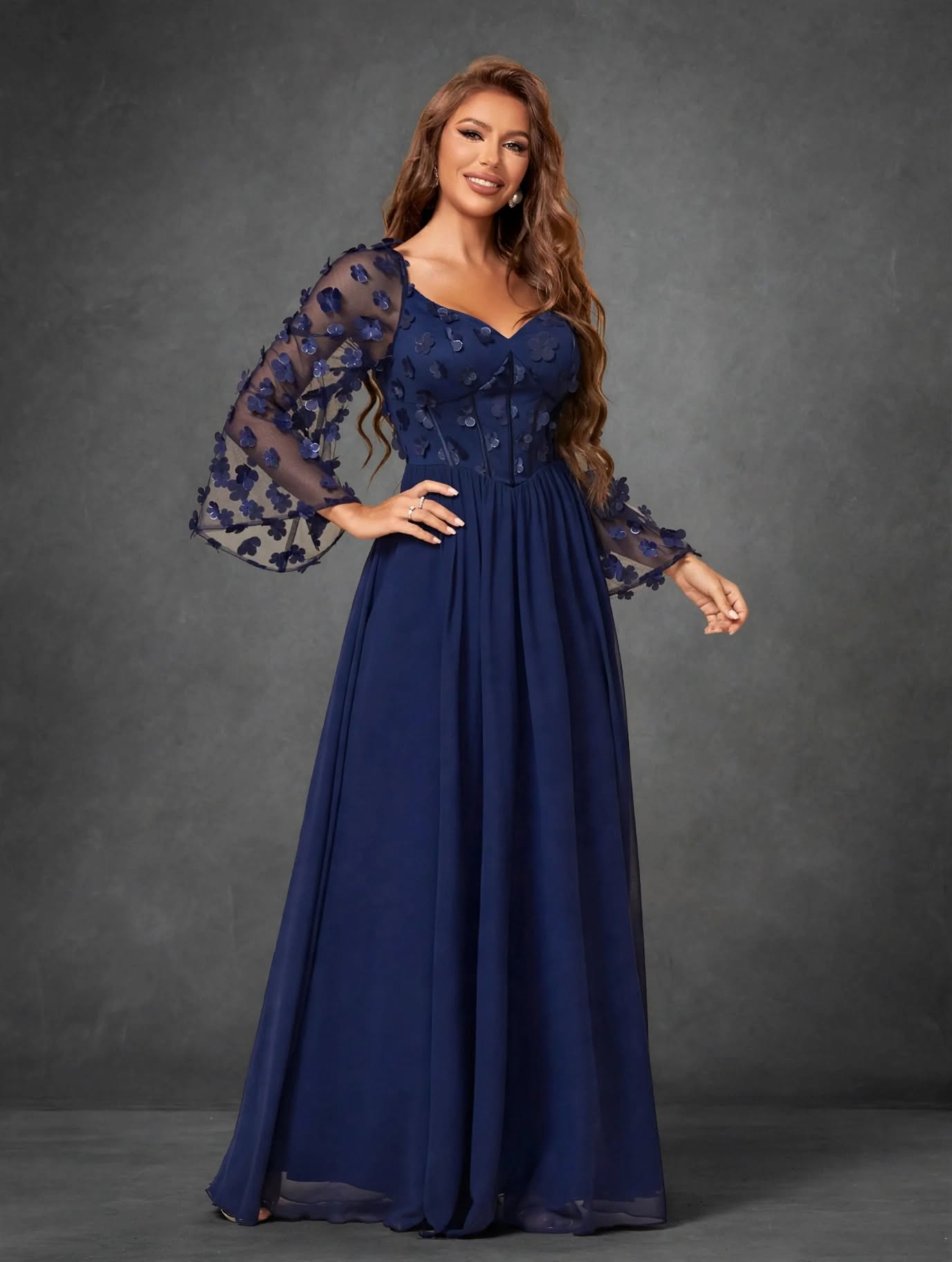 3D Floral Chiffon Evening Gown