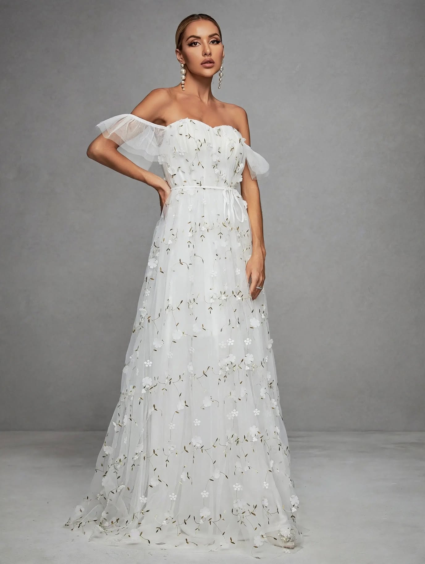 3D Embroidered Lace Evening Gown