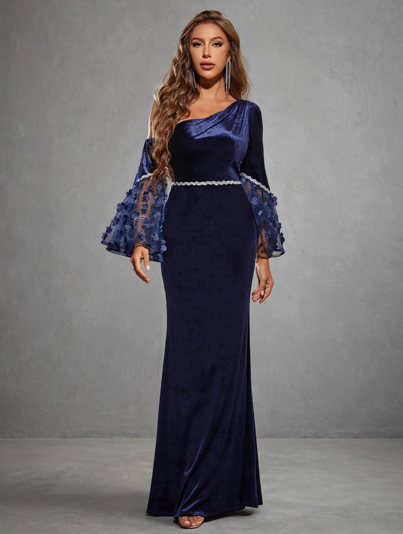 One-Shoulder 3D Floral Velvet Fishtail Dress