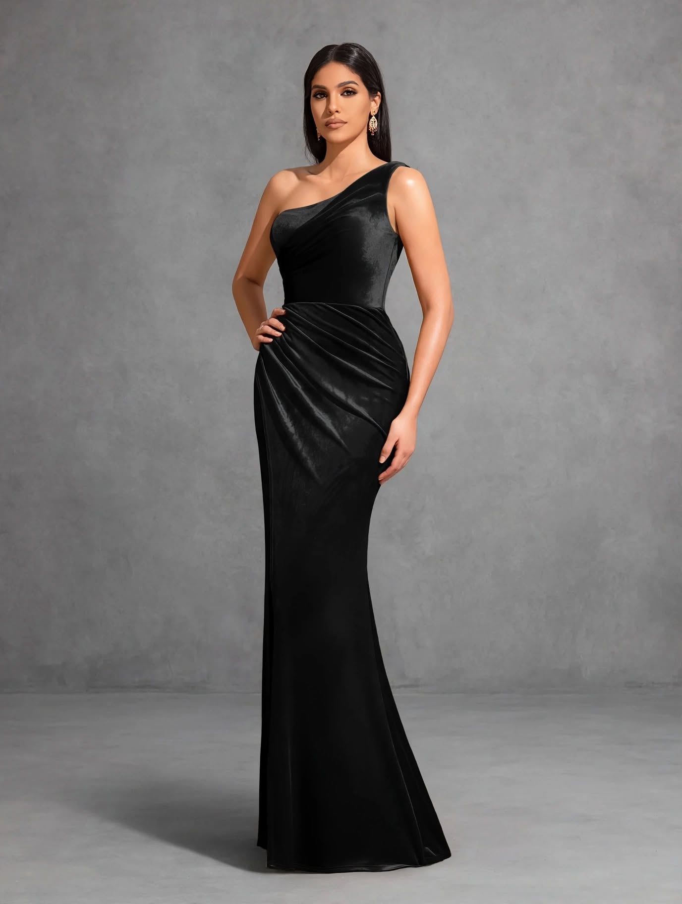 One-shoulder Pleated Slit Velvet Dress, Elegant and Chic Dress