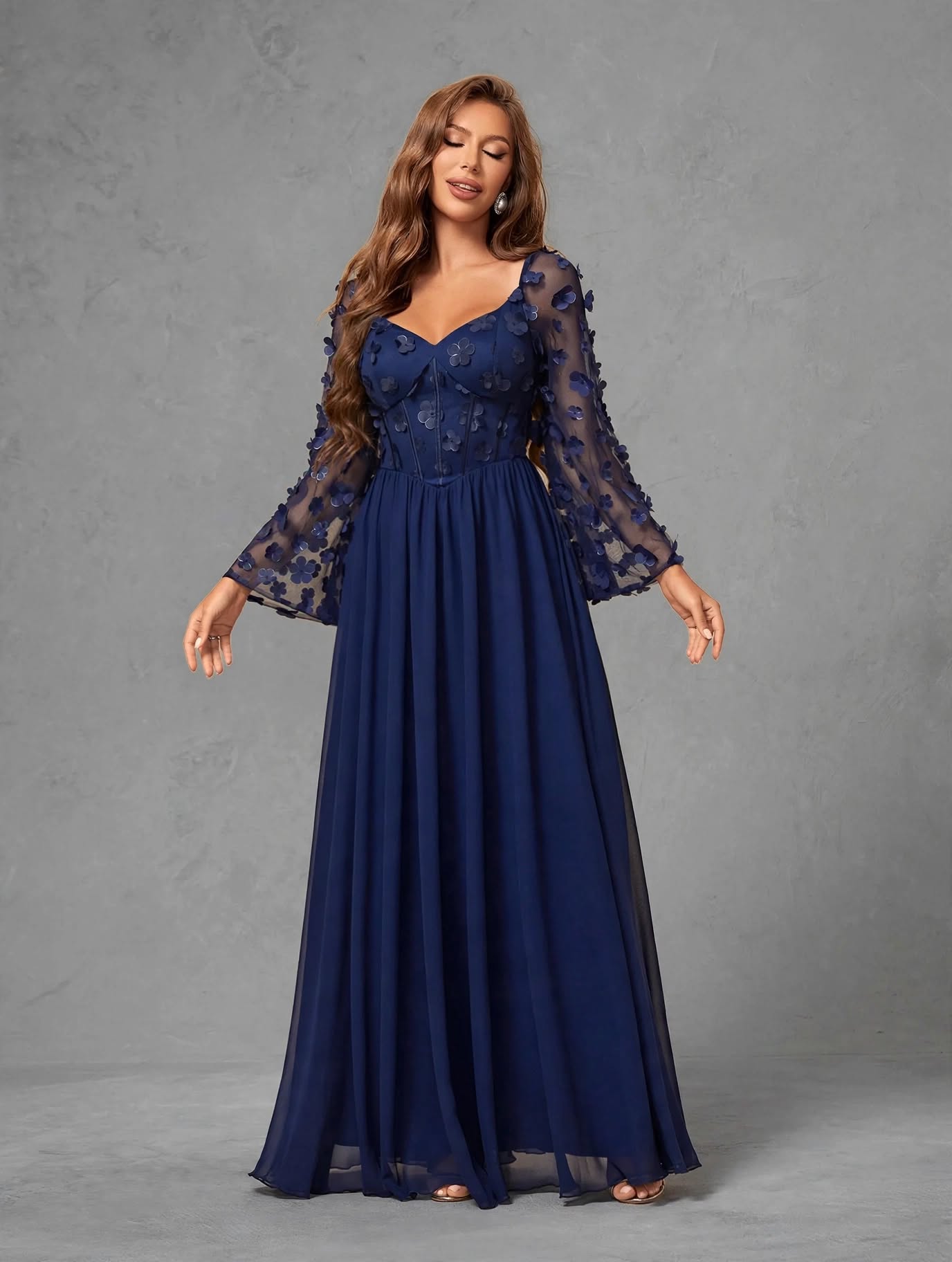 3D Floral Chiffon Evening Gown