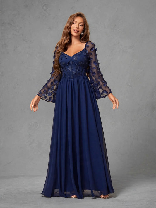 3D Floral Chiffon Evening Gown