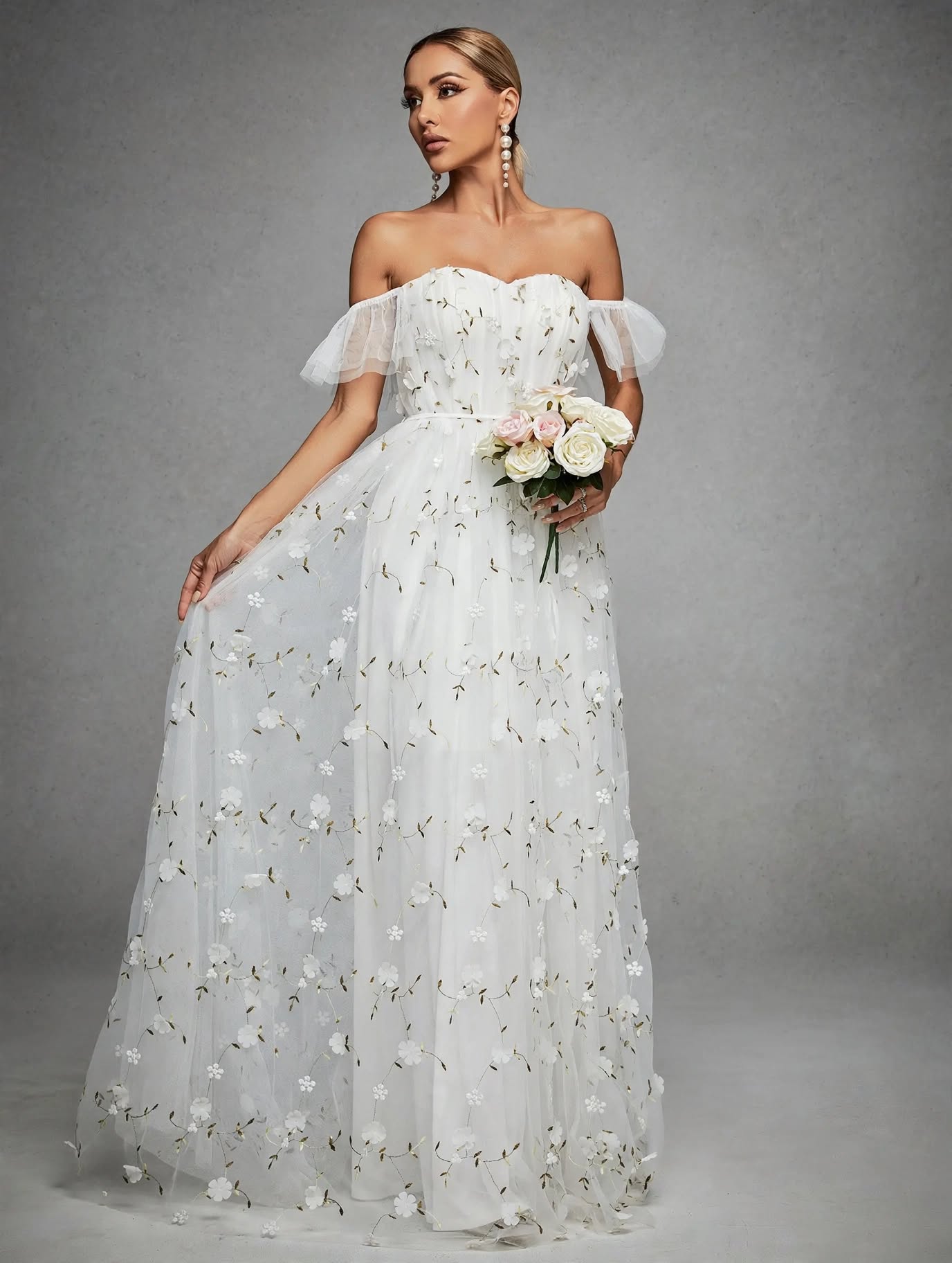3D Embroidered Lace Evening Gown