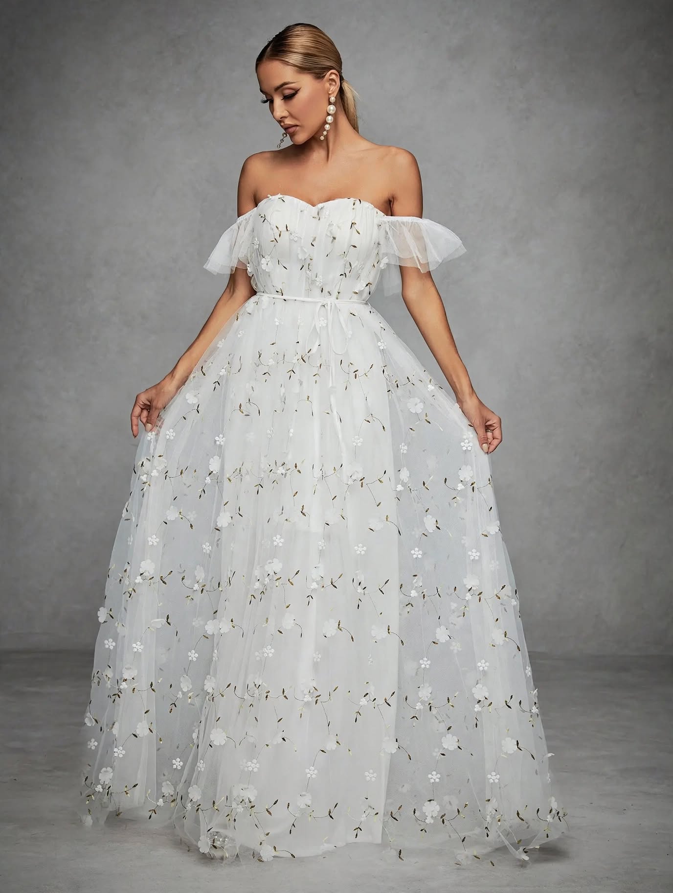 3D Embroidered Lace Evening Gown